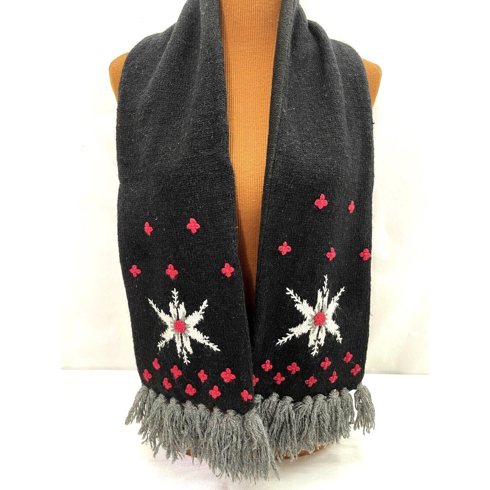 Thick Wool Blend Scarf Black Red White‎ Snowflake Fringe Lined Warm Winter 57-7"